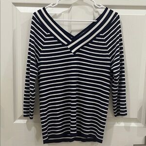 White House Black Market Striped V-Neck Women's Blouse - Black and White Size L